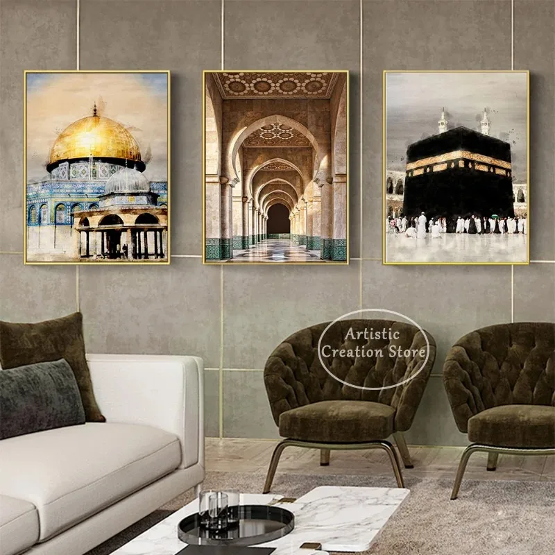 Мусульманская Каллиграфия Аллаху Акбар Кааба Священное Место Плакат Печать На