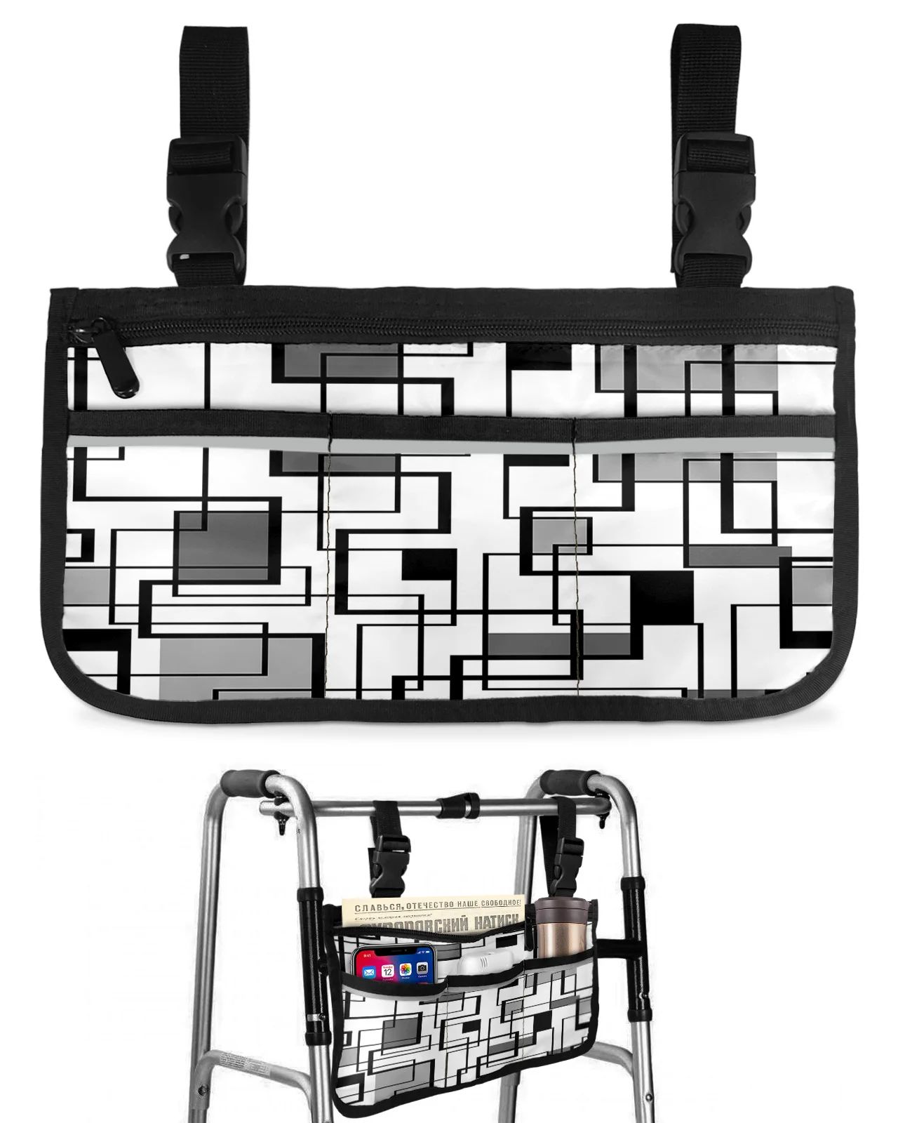 

Abstract Geometry Square Modern Art Black Grey Wheelchair Bag Armrest Side Bags Electric Scooter Walking Frame Storage Pouch