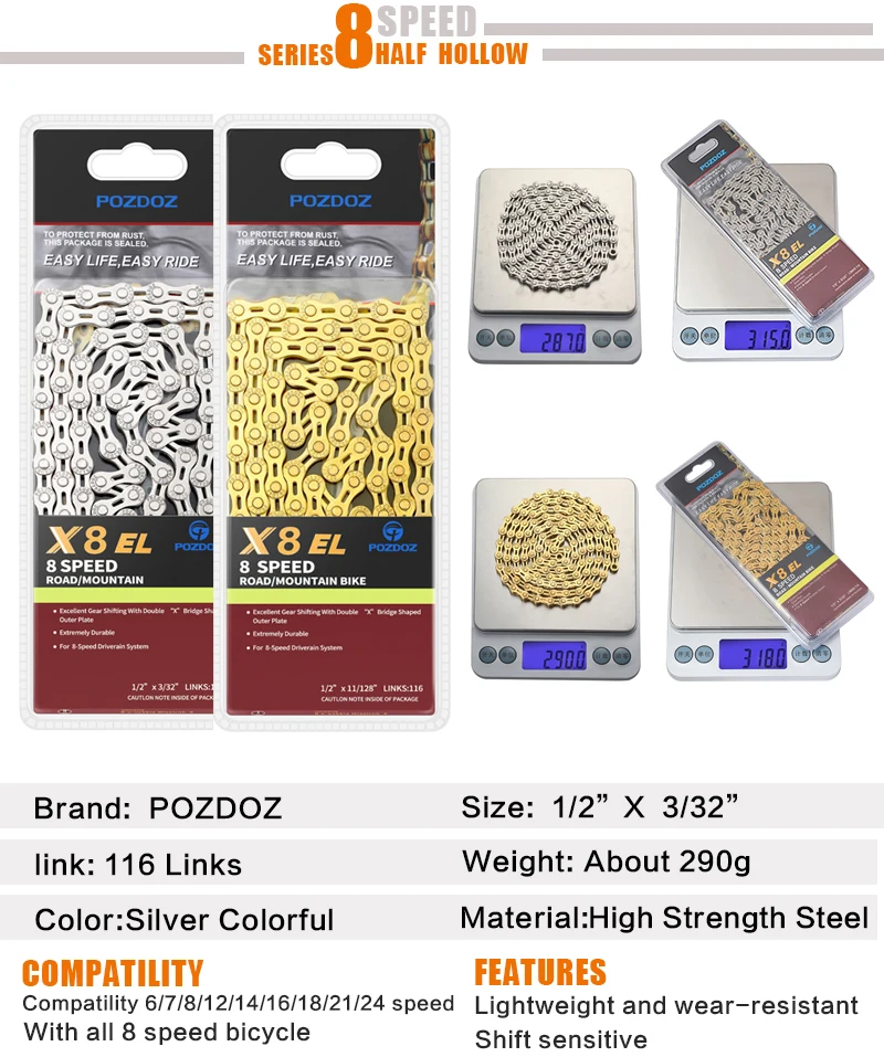 POZDOZ 8 9 10 11 12 Speed Bicycle Chain Gold Silver Half/Full Hollow Ultralight 116L 10s 11s 12s MTB Road Bike Chains Parts images - 6