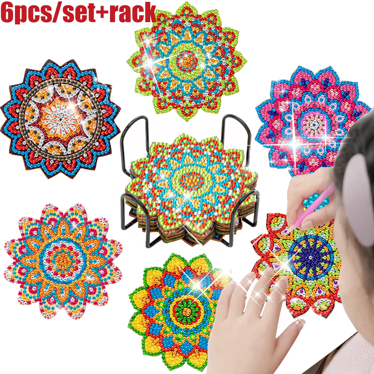 

6PCS DIY Diamond Painting Coasters Diamond Art Cup Mat Cup Pad Tablemat Cross Stitch Embroidery Kit for Party Adults Art Craft