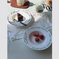 9 inch retro french disc pasta dessert deep plate black english letter jewelry ceramic plate ins korean kitchen supplies
