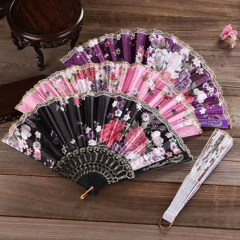 

Printed Plastic Silk Cloth Fan Gift Dance Ladies Elegant Lace Fan Folding