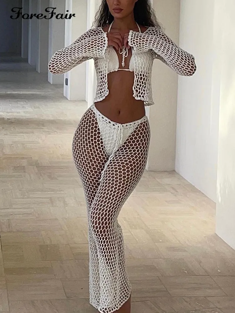 

Forefair 2022 Summer Beach Outfits Maxi Skirts Set Women Hollow Out Sexy Y2k Top And Bandage Skirts Knitted Two Piece Sets Blue