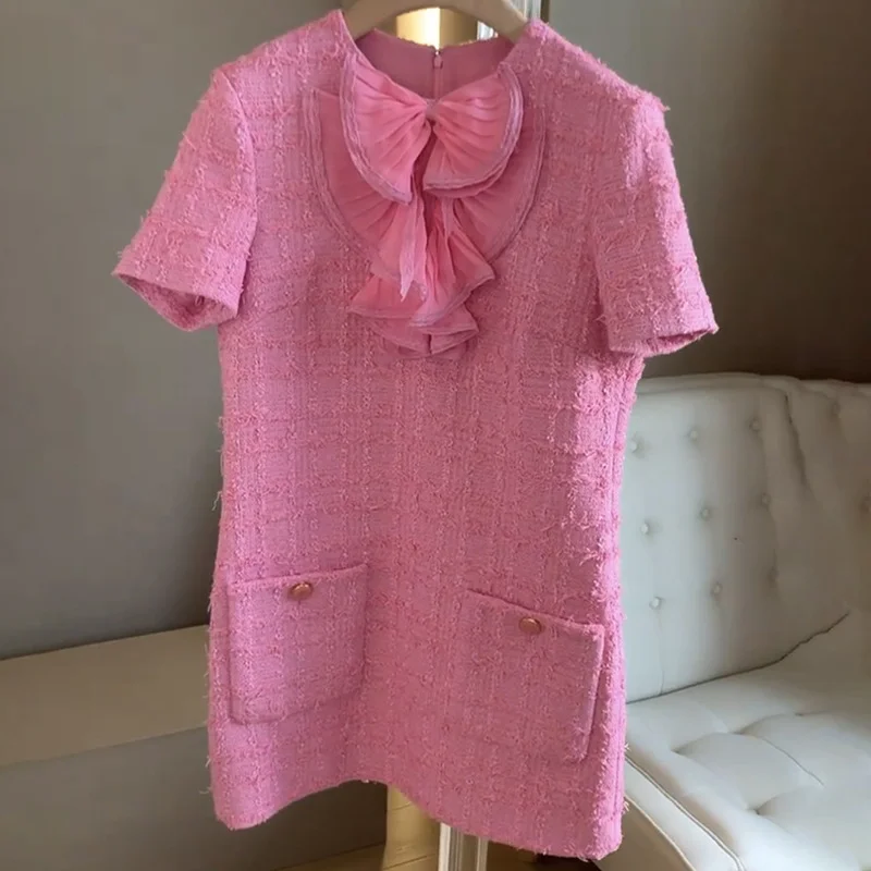 Luxury Temperament Bowknot O Neck Small Fragrant Dress High Quality Famous Tweed Short Sleeve Loose Sweet Korea Dresses women