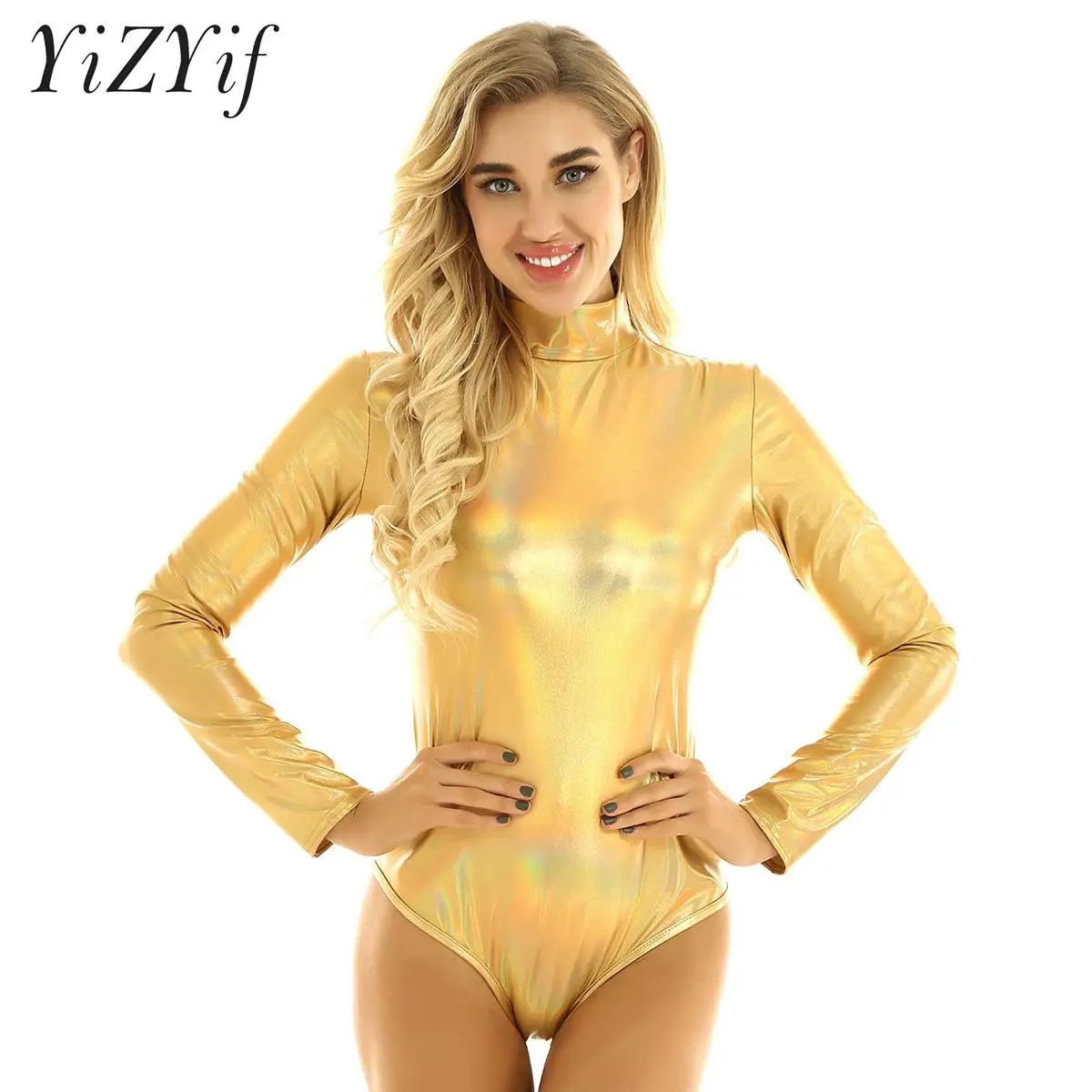 

Women's Shiny Metallic Holographic Long Sleeve Bodysuit Jumpsuit Gymnastics Skating Dance Leotard Rave Party Night Club Wear