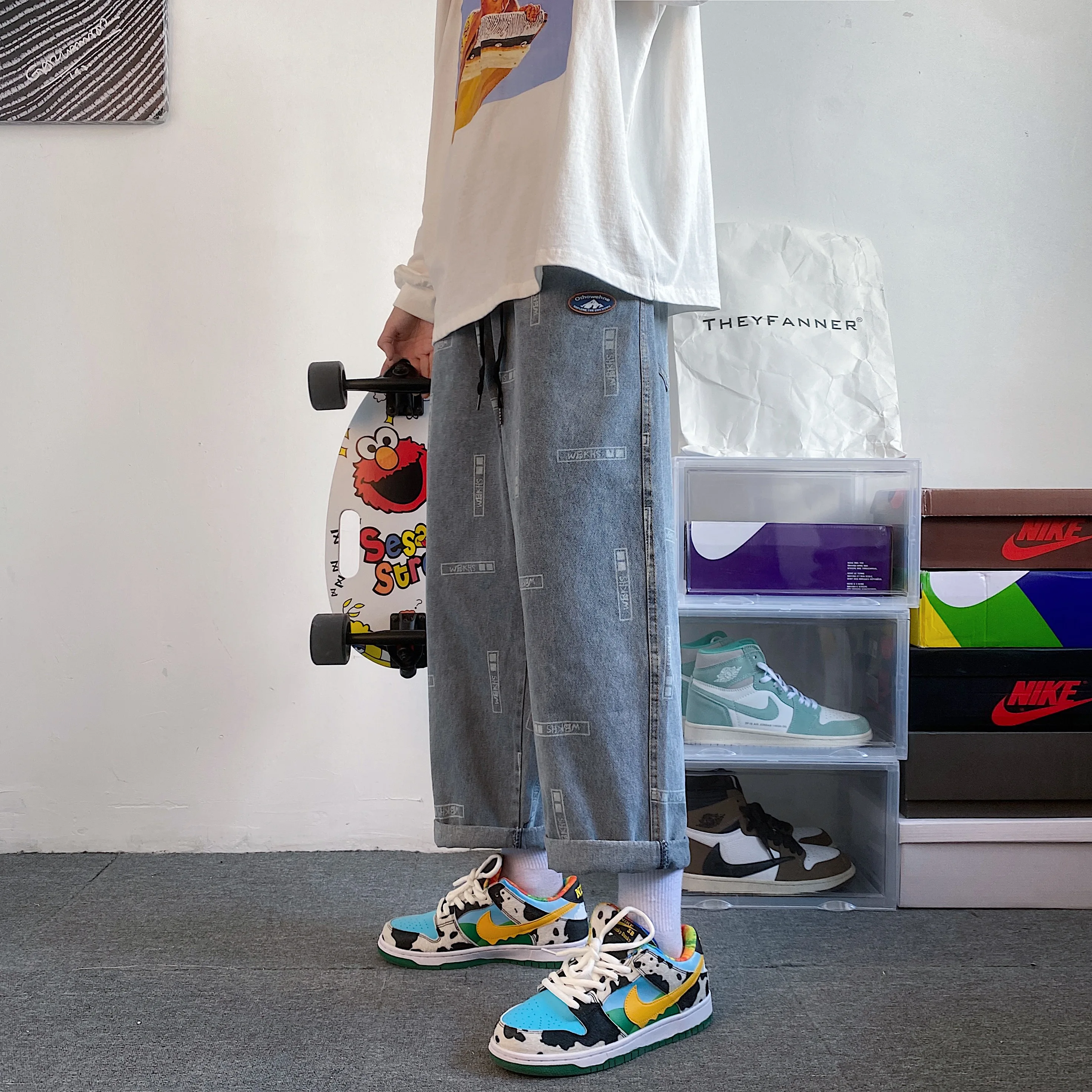 High Street Letter Print Straight Baggy Blue Jeans For Men Casual Korean Fashion Denim Trousers Y2K Streetwear Clothings