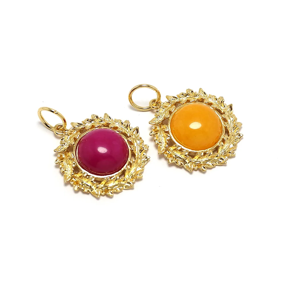 

Natural Stone Drop,Sun Necklace Charm,24K Gold Color Plated Brass Necklace Charms,25x23mm Round Inlayable Pendant,Jewelry Making