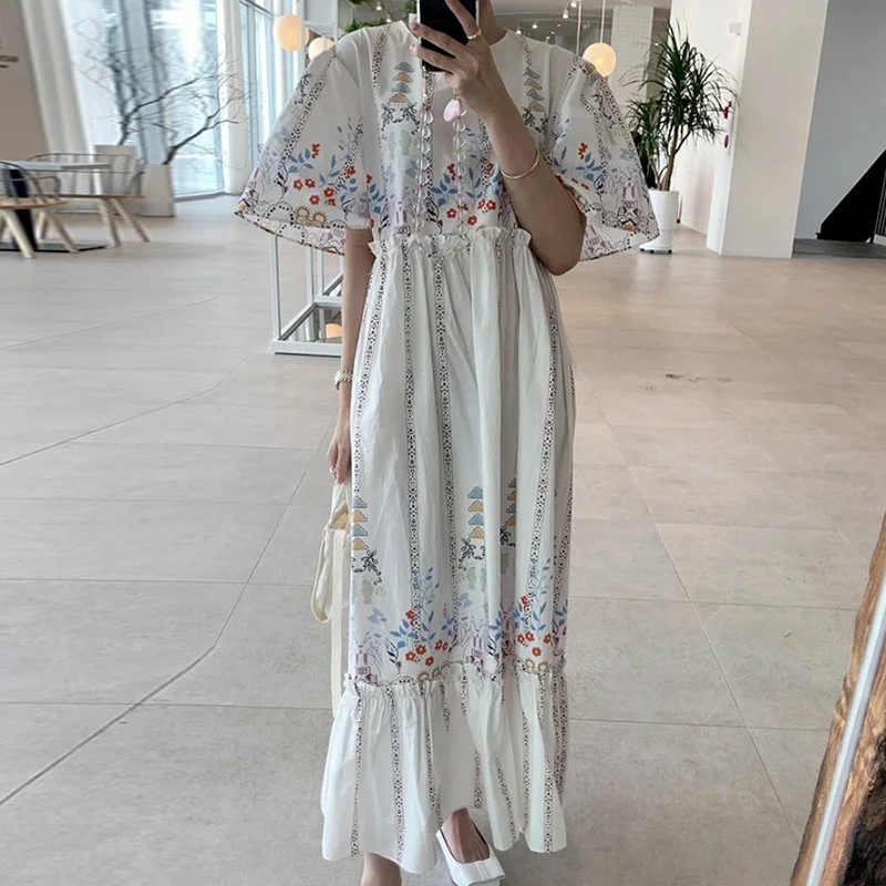 

Gaganight Women Floral Printed Loose Flying Sleeve Dress 2022 Korean Spring Style Retro Palace Style Fungus Edge Long Dresses