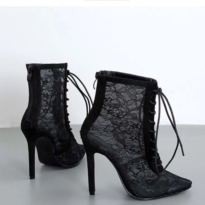 

High Heels Women's Summer Sexy Hollow Women's Shoes Fashion Stiletto Pointed Toe Mid-tube Shoes Mesh Sandals Party Women's Shoes