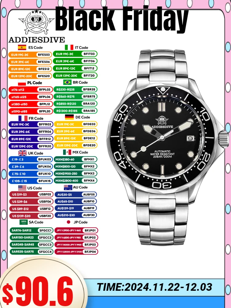 ADDIESDIVE часы для мужчин BGW9 синий светящийся NH35A с сапфировым стеклом 200 м