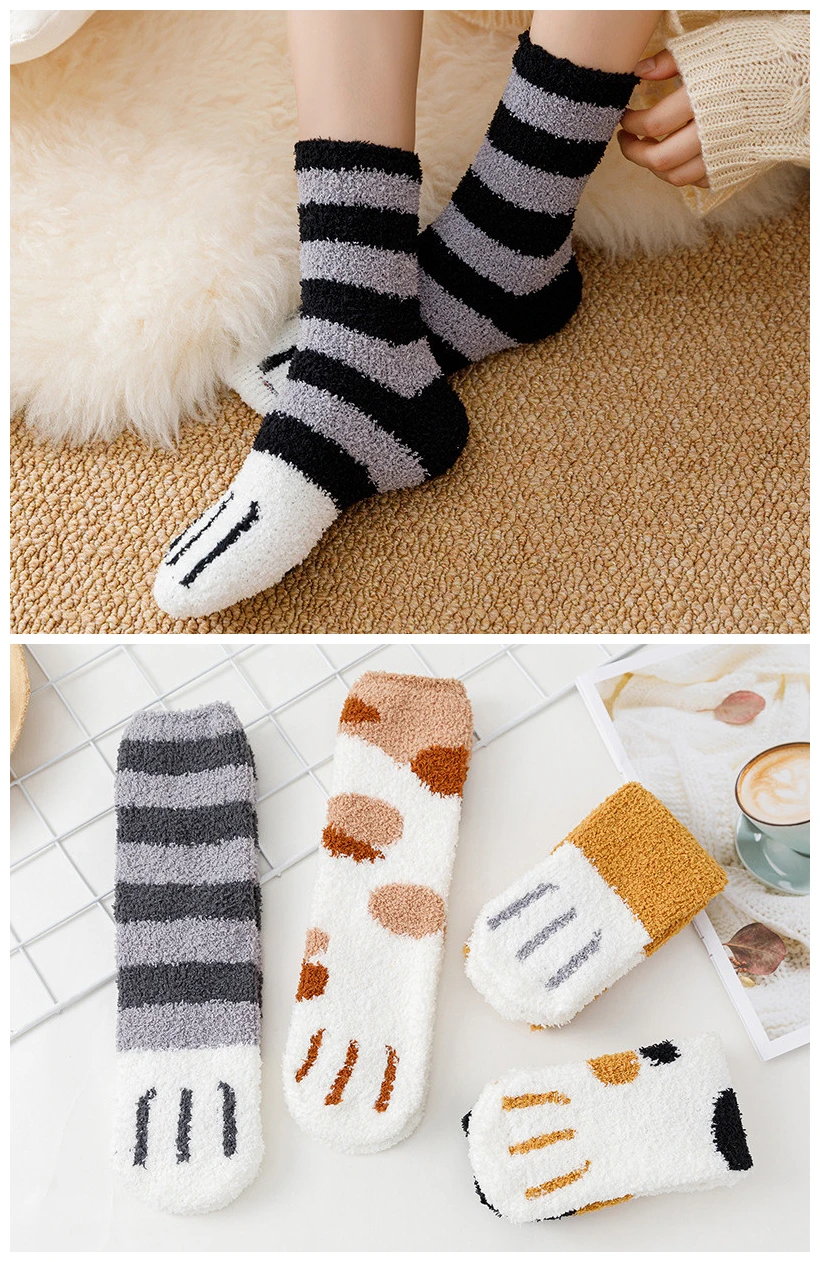 

High Quality Kawaii Cartoon White Socks for Women Cute Dog Cat Paw Pattern Women Plus Velvet Warm Funny Socks Socks Women
