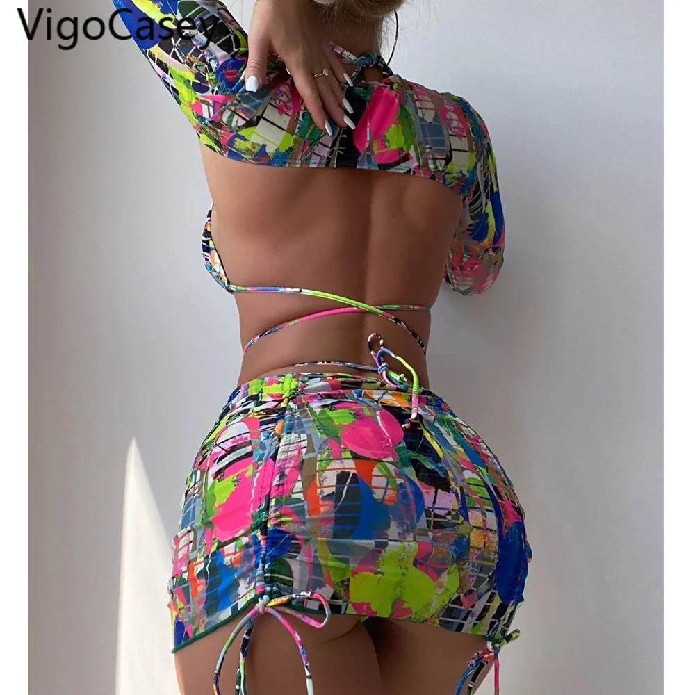 Комплект бикини женский с длинным рукавом и юбкой эффектом пуш-ап