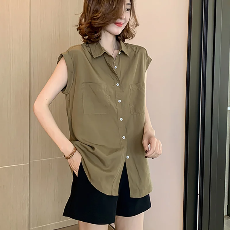 

Женская блузка, рубашка, модные женские топы, лето 2021, Однорядная Повседневная офисная Свободная рубашка без рукавов на пуговицах с лацкана...