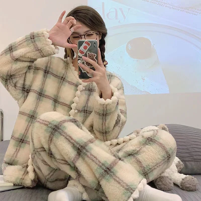 

Coral Fleece Pajama Set Women Winter Thicken Warm Pyjamas Suit V-Neck Female Loungewear Homewear Home Clothes