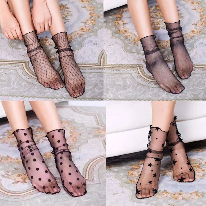 

Spring and Summer Retro Lace Floral Mesh Women Socks Thin Middle Tube Transparent Sock Women Breathable Silk Ultrathin Sock New