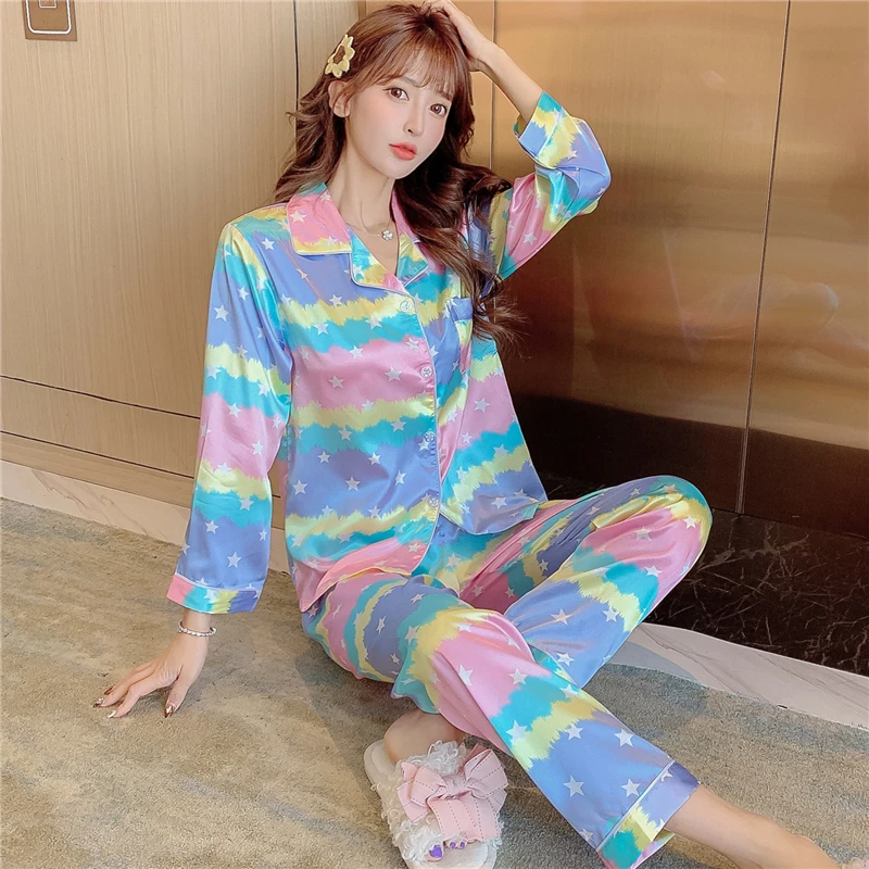 

New Silk Satin Pajamas Set For Women Cartoon Sleepwear Woman Pyjama Sets Ladies Long Sleeve Fashion Homewear Girl Nightwear Suit
