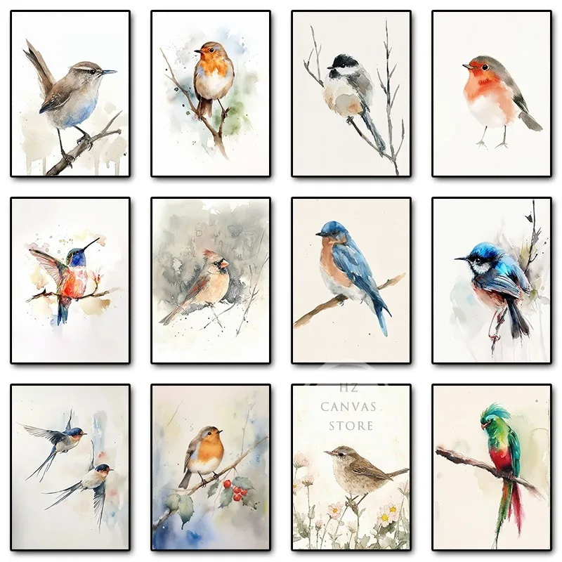 Bird Chickadee Robin акварельный постер и принт птица на ветке холст картина