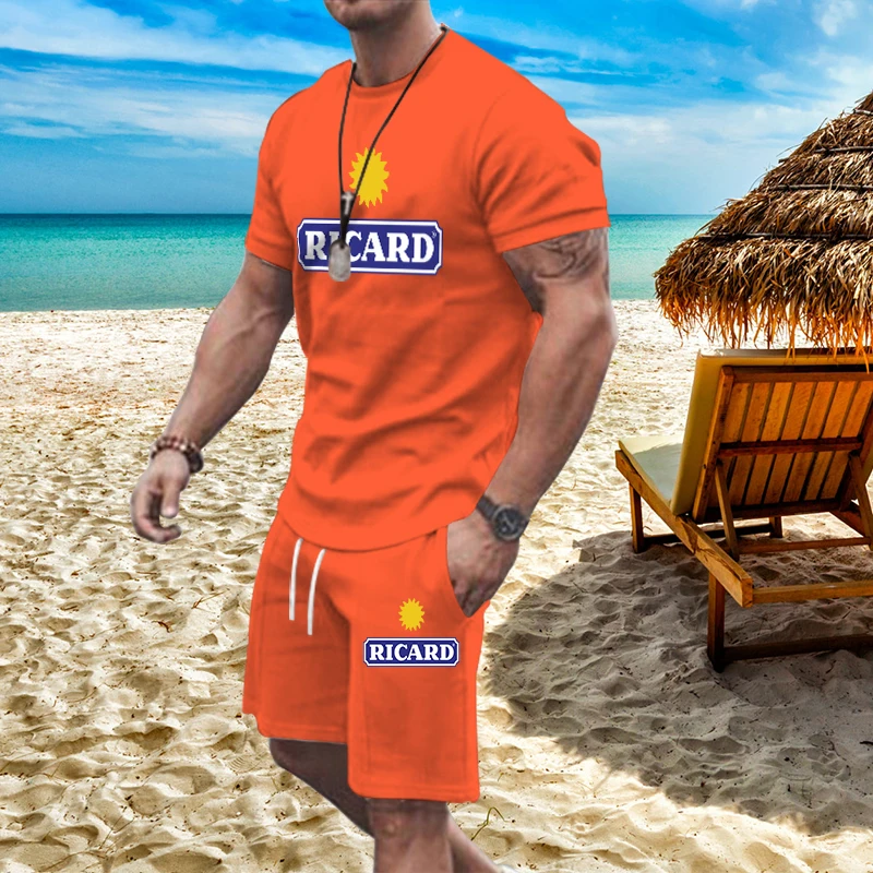 Fashion France Ricard T Shirt Shorts 100%Cotton Men's Tracksuit 2 Piece Sets Brand Man Clothing Streetwear Casual Sports Outfits