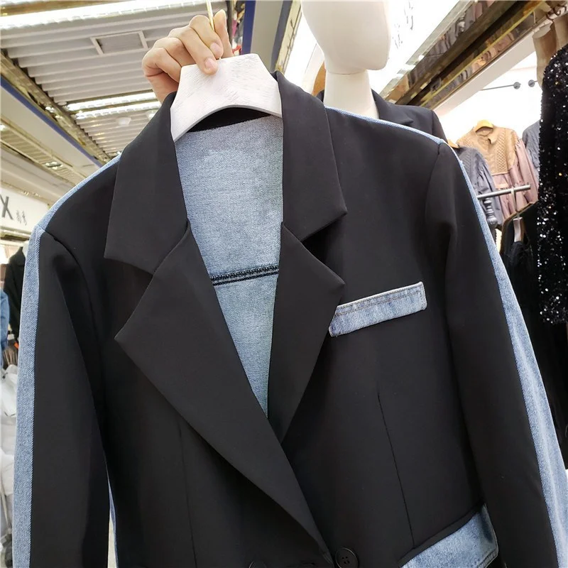 Женский джинсовый пиджак в стиле пэчворк повседневный двубортный контрастных