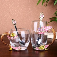 enamel coffee flower tea cup mug 3d rose butterfly glass cups bring spoon set hot and cold drinks tea cup wedding gift