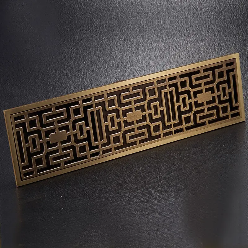 free shipping antique brass 8 x 28cm bathroom linear shower floor drain wire strainer waste drainer flower carved fd015 free global shipping