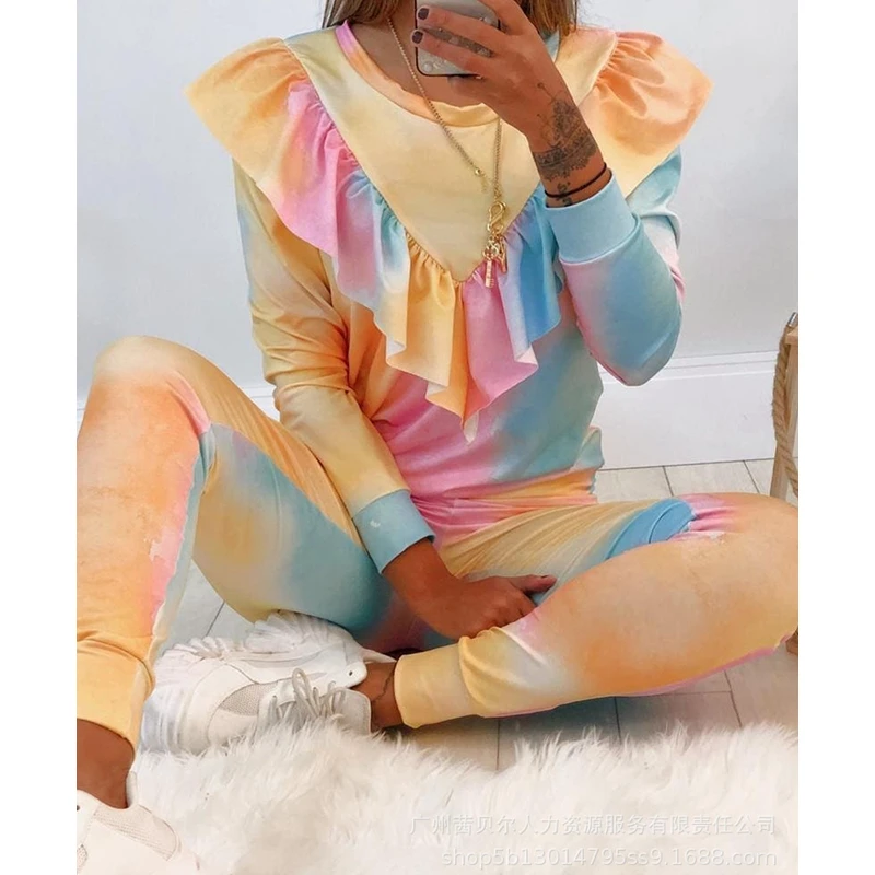 

Women Tie-Dye Printed Slim Suit Fashion 2-Piece Suit Casual Ruffle Stitching O-Neck Long Sleeve Top High Waist Pencil Pants Suit