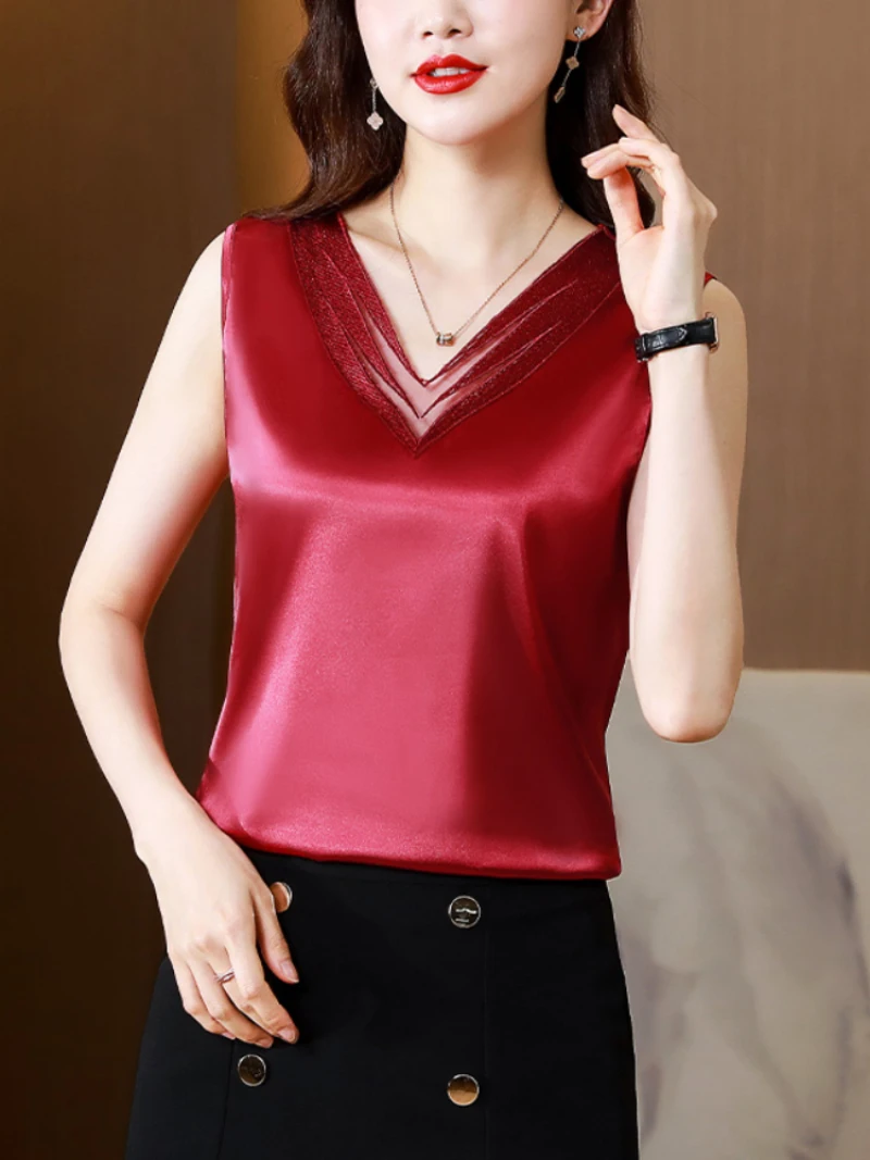 

Satin Tank Top Women Summer Women Clothing White Crop Top Basic Lace Cami Office Lady V-neck Sexy Blouse Soild Womens Tops