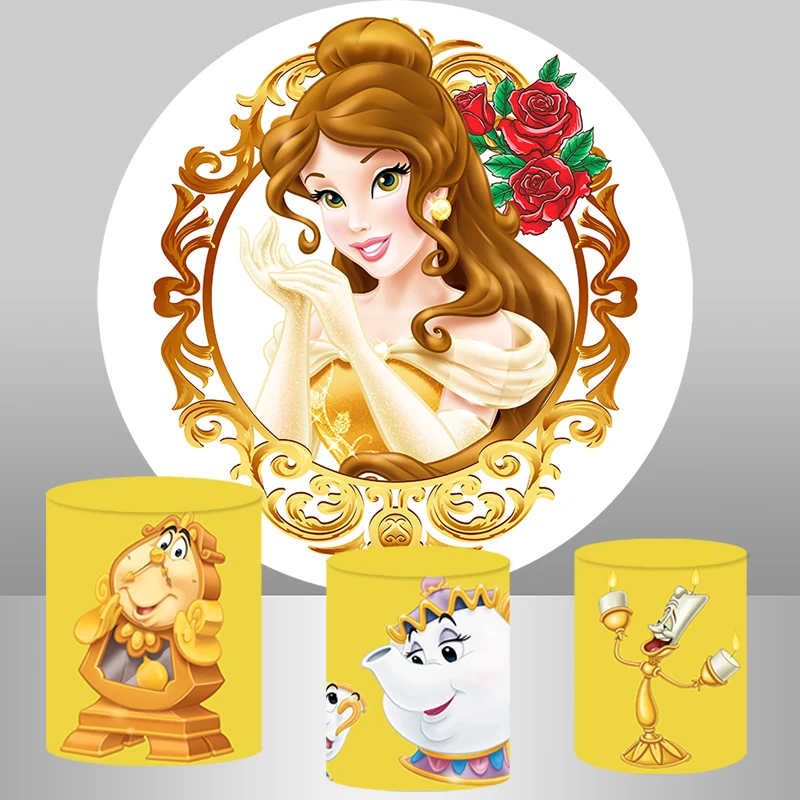 

Disney Beauty and The Beast Round Cover Princess Girl Birthday Party Backdrop Baby Shower Circle Cylinder Cover Photo Booth Prop