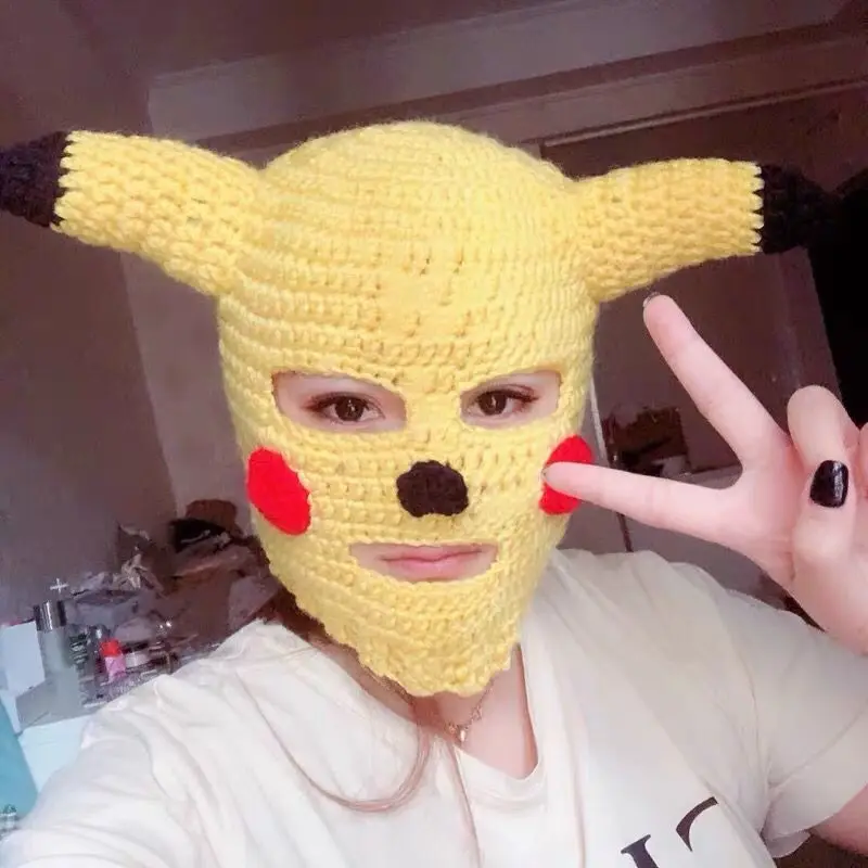 Unisex Balaclava Hat Wool Winter Knitted Hats Yellow Party Funny Beanie Skullies Cap for Women Men Pure Handmade |