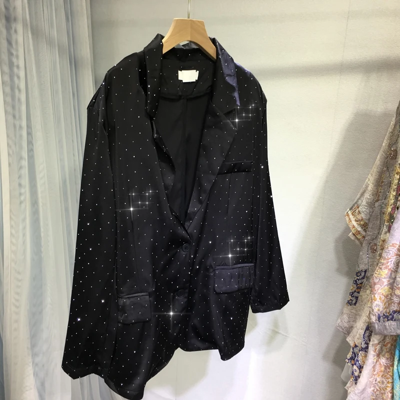 Heavy Industry Diamond Black Suit Jacket for Women 2023 Spring and Autumn Classic Full Diamond V-neck Loose Mid-Length Cardigan