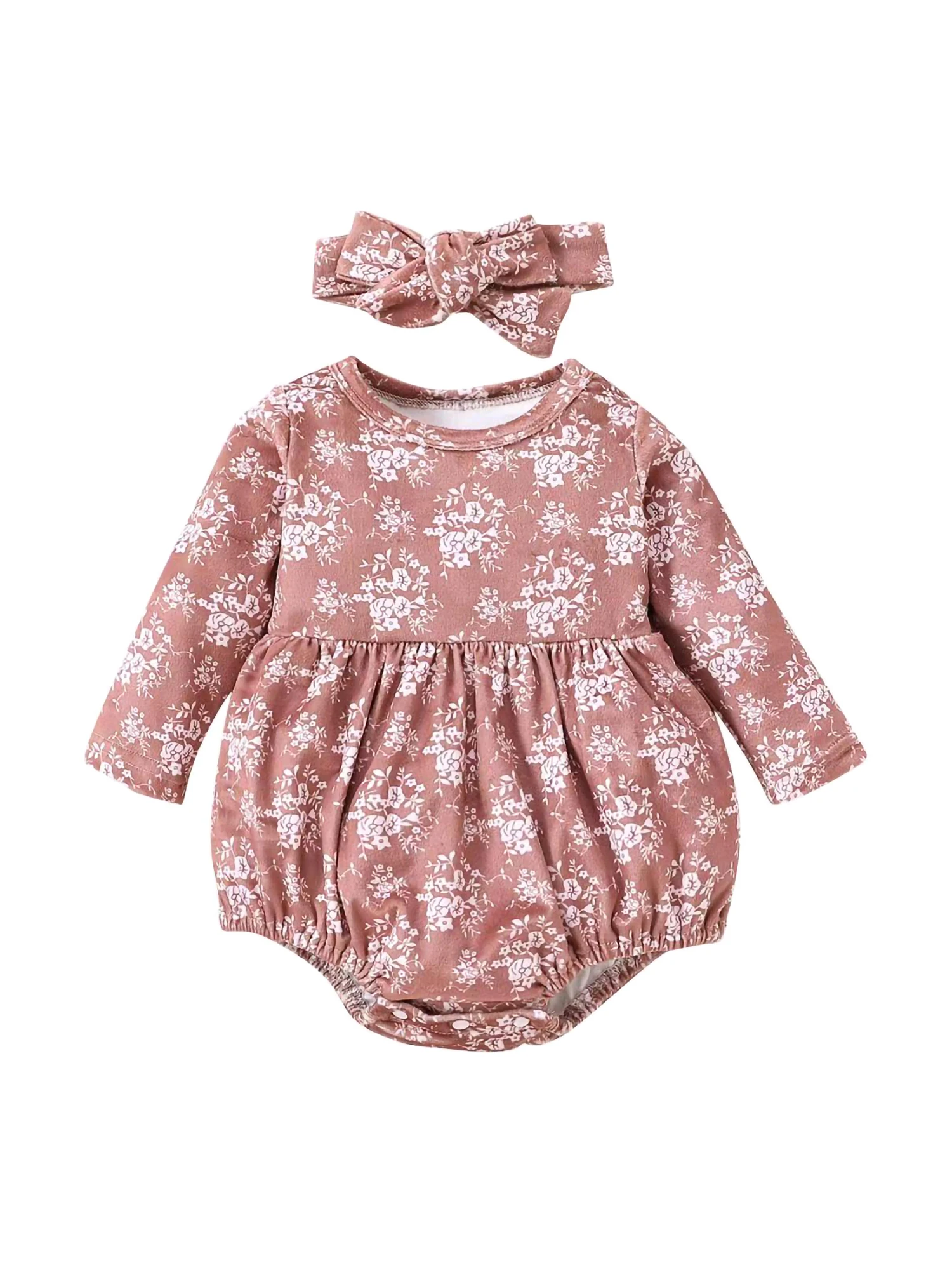 

2 шт., детский цветочный комбинезон с длинным рукавом и повязкой на голову