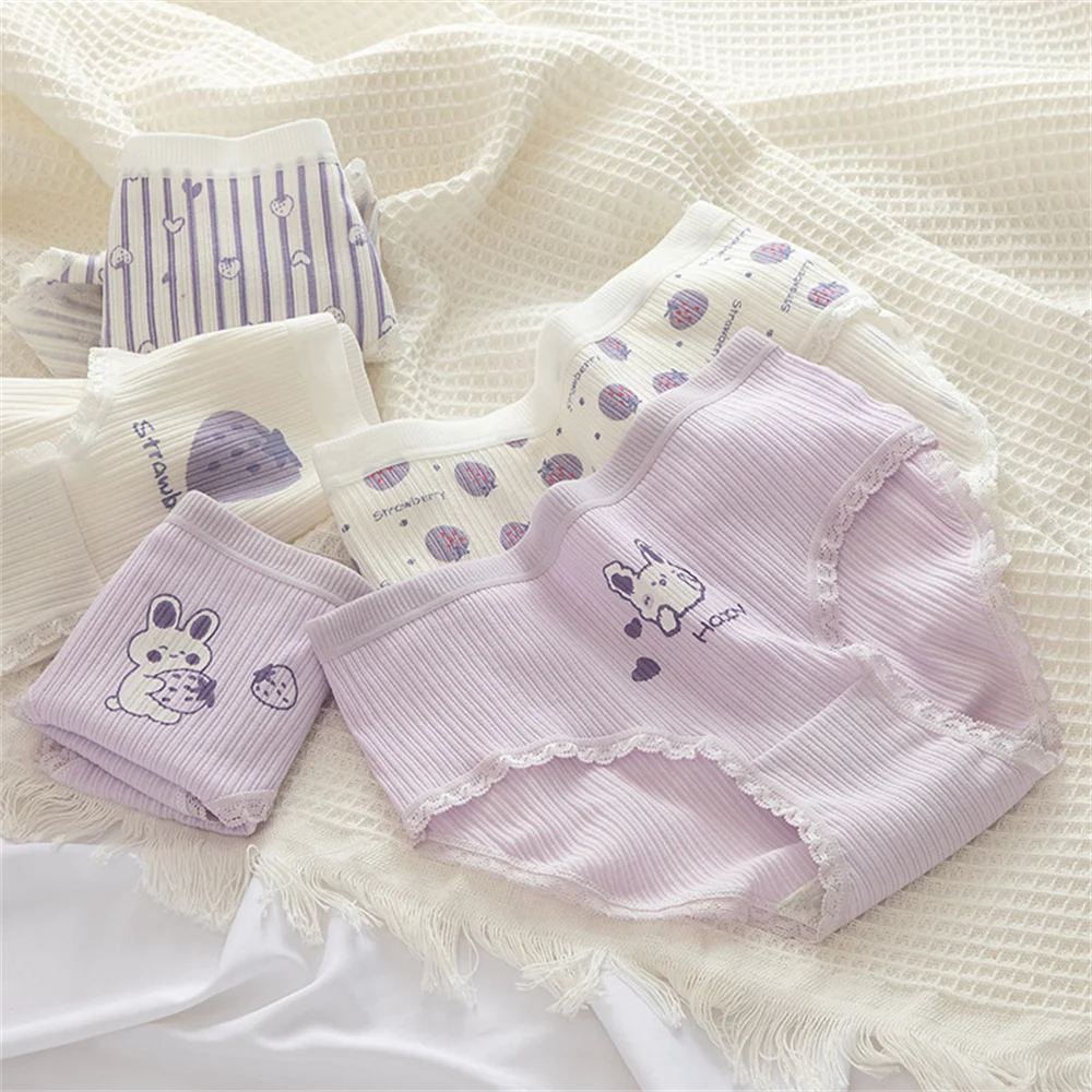 

M-XL Japanese Cotton Purple Panties Women's Cartoon Rabbit Strawberry Underwear Fashion Lovely Girl Cozy Seamless Briefs Gift