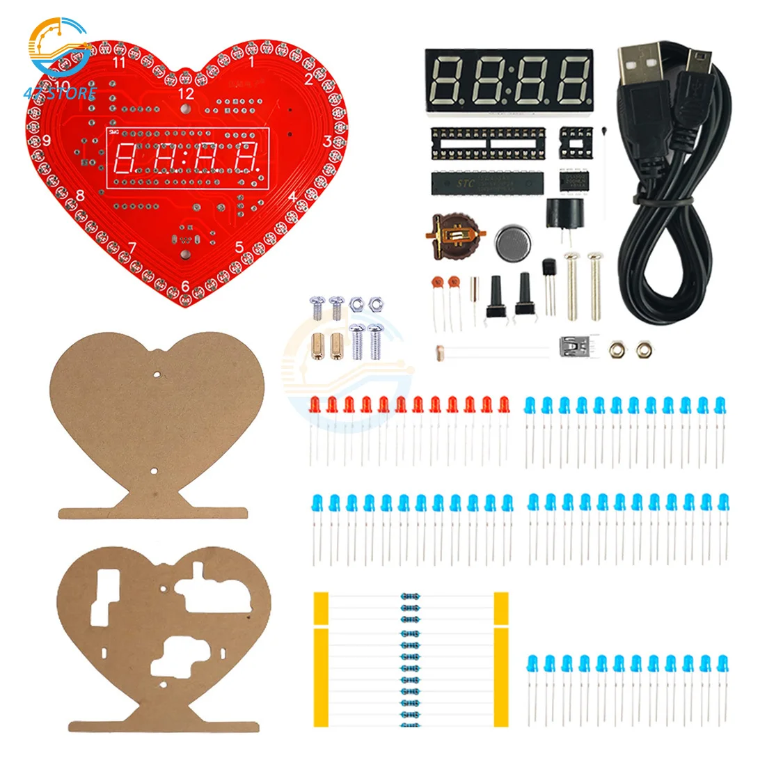 

DIY Kits Heart Shaped 4-Digit Clock Date/Time/Temperature/Week Alarm Clock Music Soldering Practice Component Welding Suite
