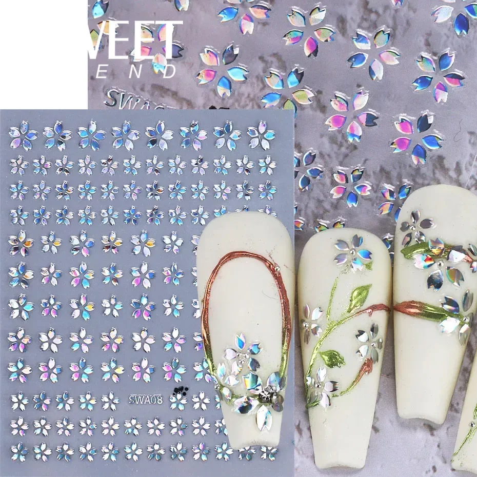 3D Лазерная наклейка для дизайна ногтей с цветком Сакуры голографическая фольга
