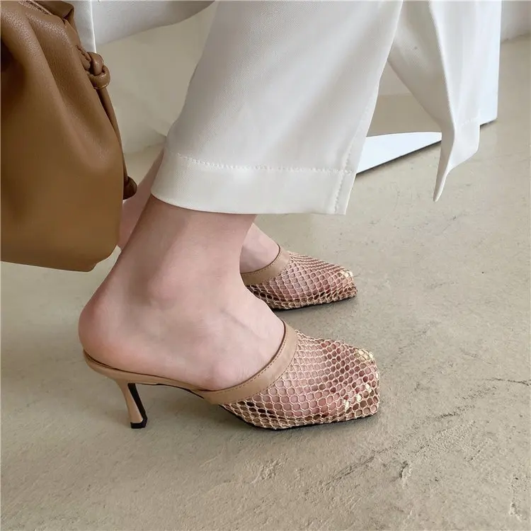 

2022 New Hollow Breathable Mesh Woman Thin High Heels Slippers Summer Square Toe Mules Femme Shoes Pumps Sandals Pantuflas