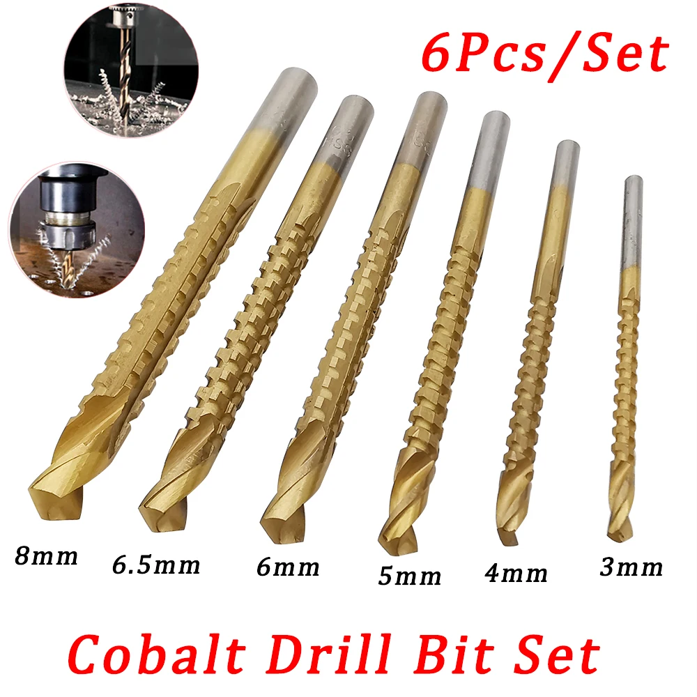 

6Pcs/Set 3-8mm Tap Twist Drill Bit Cobalt Drill Bit Cutting Wood/Metal Drilling Polishing Tools Drilling Set Serrated Drill Bits