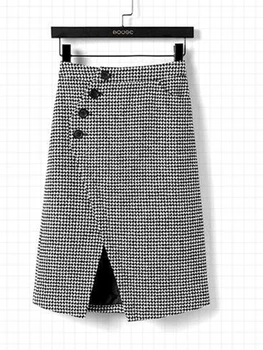 Houndstooth Skirts for Women Irregular High Waisted Casual Button Korean Fashion A-Line Skirt Mid-Calf Spring Clothing 4