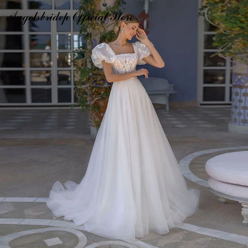 

Angelsbridep Beach A Line Wedding Dresses Boho Puff Sleeves Lace Applique Tulle See Through Bridal Gowns Women Robe De Mariage