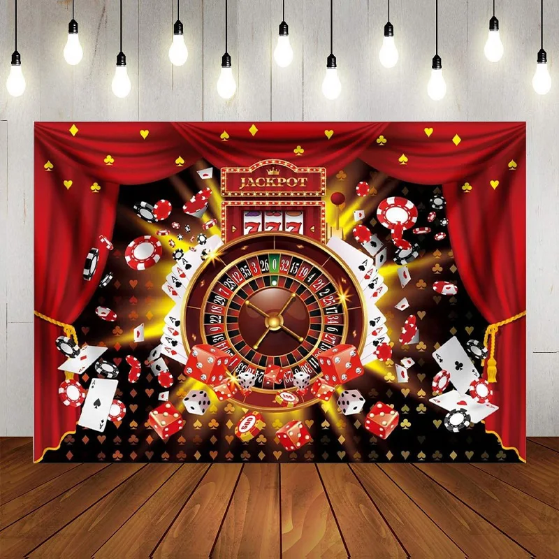 

Las Vegas Casino Roulette Playing Card Red Curtain Backdrop Birthday Party Photography Background Decoration Banner Poster Photo