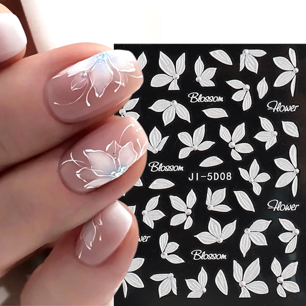 

Embossed 5D Nail Stickers Elegant White Acrylic Flowers Sliders For Nails Floral Petals Cherry Blossom Decals Decor LEBJI-5D08