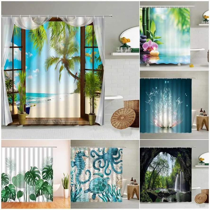 Занавеска для душа с изображением океана и пляжа тропические пальмы морская