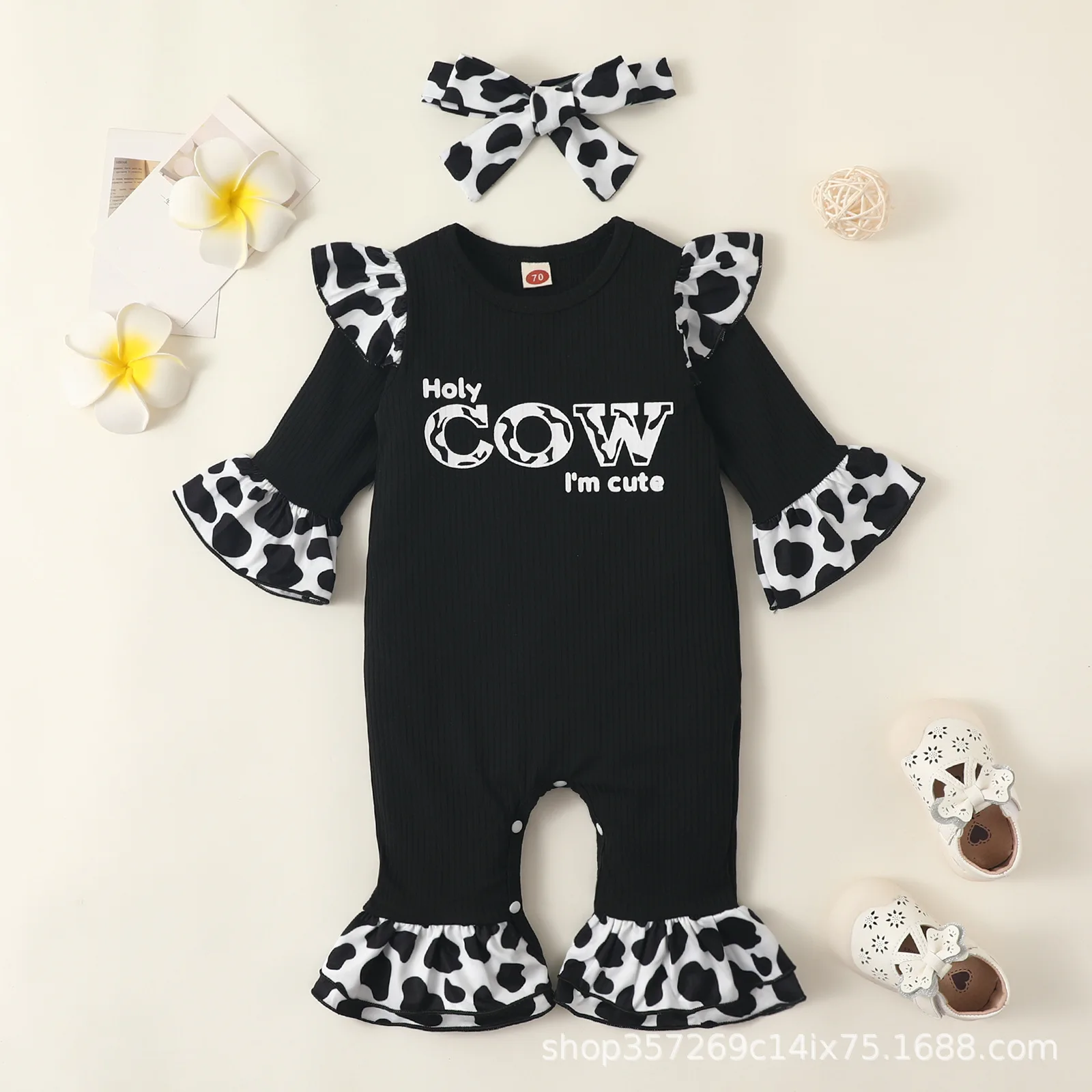 

Baby Romper Newborn Children's Clothing Baby Milk Spot Splicing One Piece Romper + Headscarf Baby Onesie