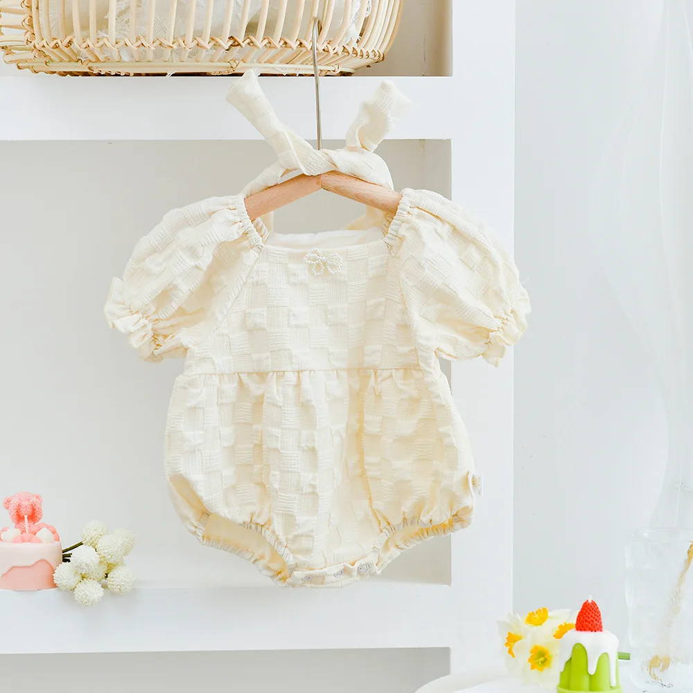 

2022 Summer New Baby Girl Short Sleeve Bodysuit + Headband Cute Infant Girl Puff Sleeve Jumpsuit Fashion Princess Clothes