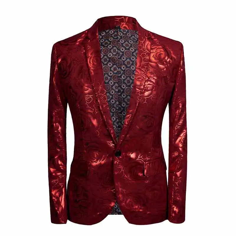 

Stylish red rose Pattern Casual Blazer Men Suit Jacket British Gentleman Wedding Grooms Slim Fit Fashion Coat Outfit