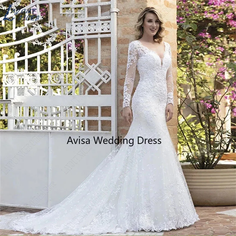 

New 2024 Avisa V Neck Wedding Dresses Mermaid Appliques Long Sleeves Bridal Dress Vestidos De Noiva Mariage Custom Made Vintage