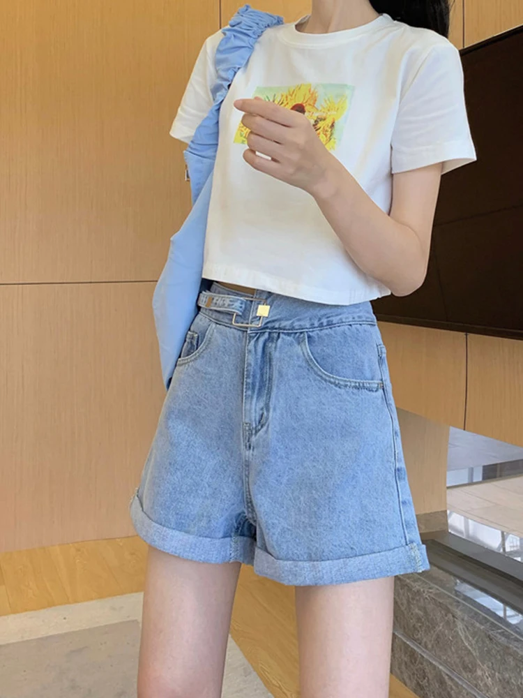 New Summer Women High Waist Button Blue Denim Shorts Streetwear Female Wide Leg Asymmetrical Jeans Shorts Bottoms