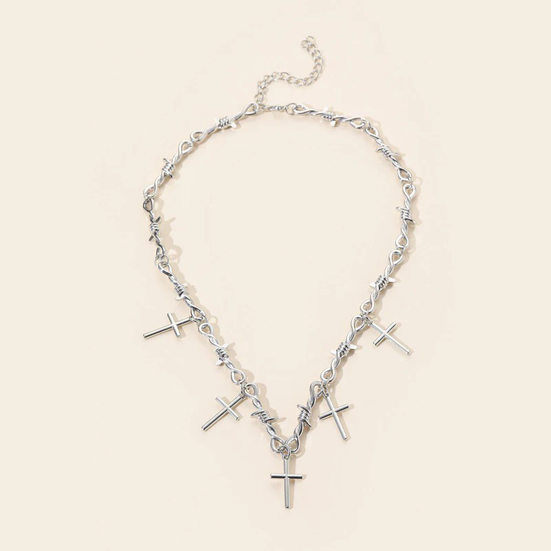 

Gothic Cross Necklace Chain Necklace For Women Trend Punk Hip Hop Jewelry Gift Cross Pendant Necklace Silver Color Thorns Choker