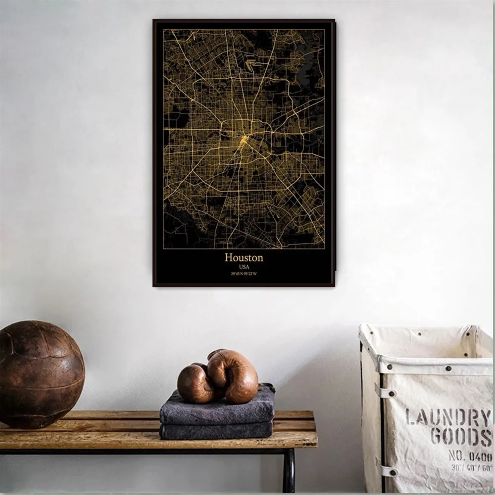 

Houston Map Poster Usa City Black Gold Hd Prints Home Decor Painting Wall Art Canvas Abstract Picture for Living Room Bedroom