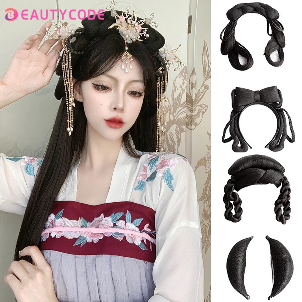 Chinese Traditional Retro Hair Chignon Synthetic Black Fake Hair Bun Ancient Fairy Princess Hair Band Hanfu Cosplay Wig 5.0