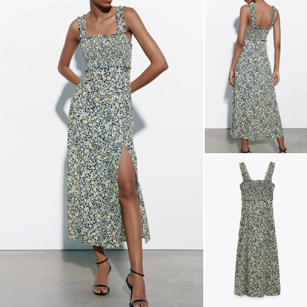 

COS LRIS 2023 summer new flower print midi dress straight collar wide shoulder strap honeycomb decoration 6962023